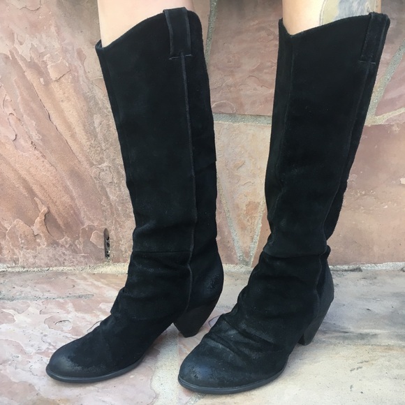 Black tall knee soft suede leather heeled slouchy - Picture 2 of 12